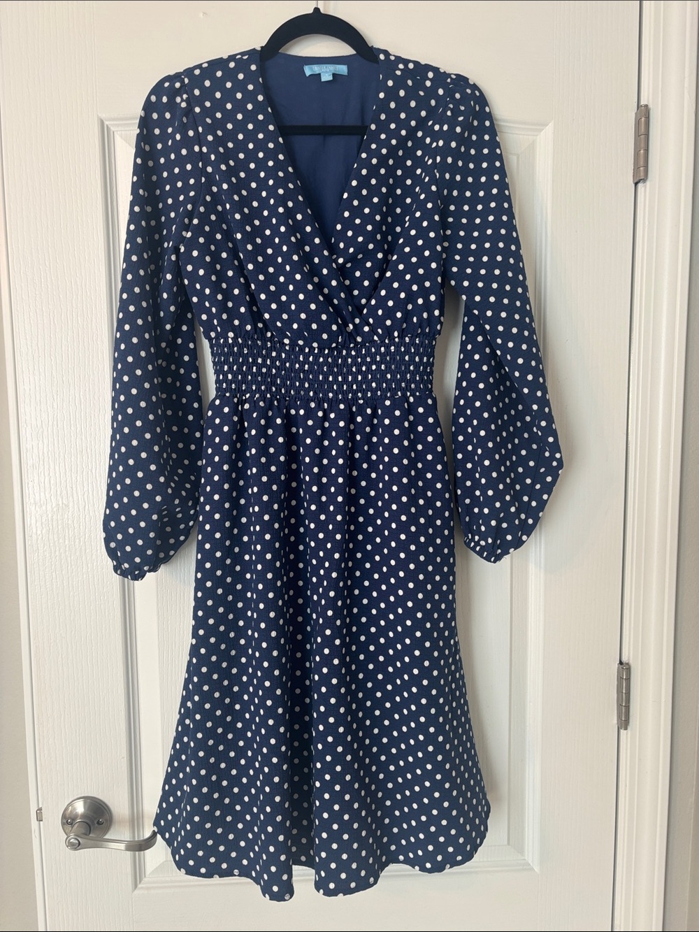 Draper James RSVP Navy and White Polka Dot Long-Sleeve Smocked Waist Wrap Dress